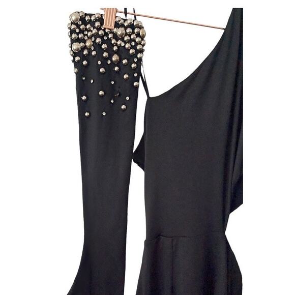 NBD Isla One Shoulder Mini Dress Cut Out Embellished Detachable Sleeve Black S - Picture 13 of 16